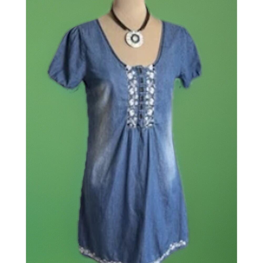 Y2k Embroidered Chambray Baby Doll Dress | Soft Denim Mini | Cottagecore |Summer